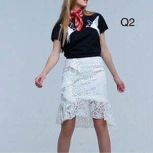 Q2 White Lace High-Low Midi Skirt Size M